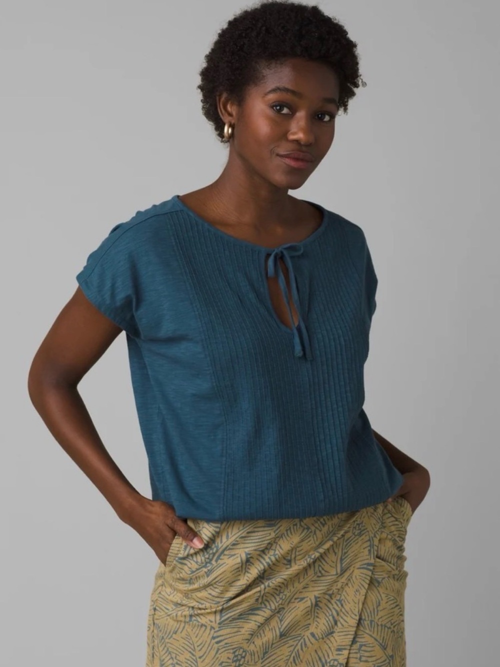 Prana Teal Blue Ocupas Pin-tuck Popover Top